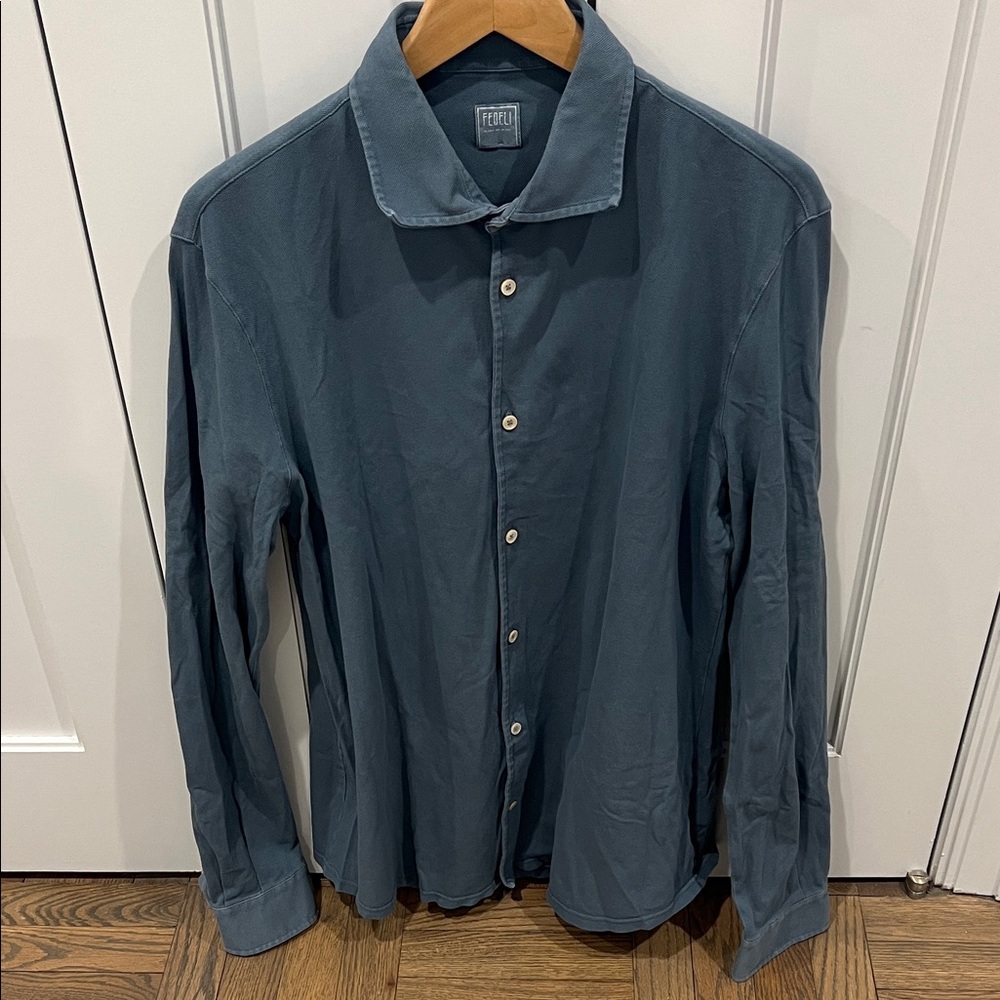 FEDELI Blue Green Button-Down Polo Shirt